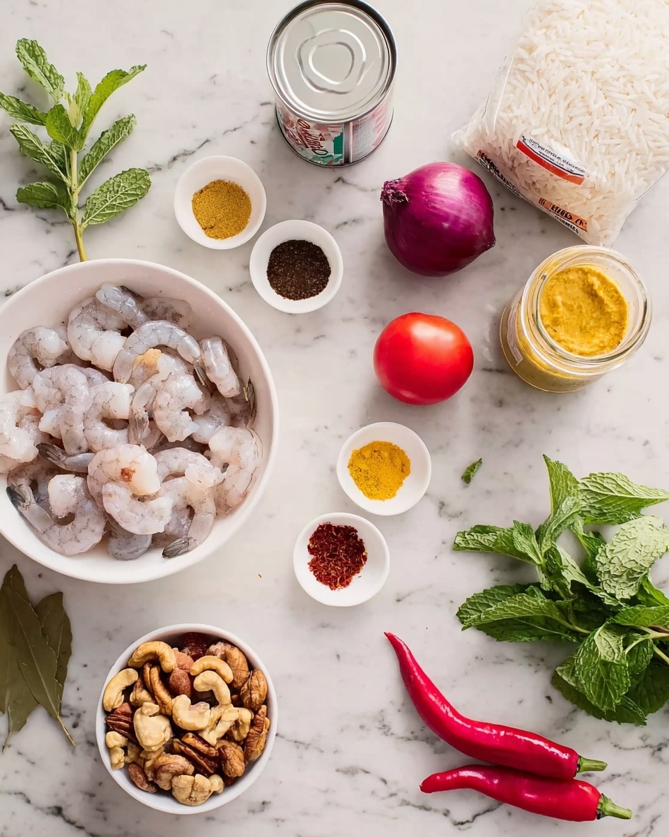 On a white marbled surface, there is a white bowl filled with raw shrimp, placed on the left side. Around the bowl, there are small white dishes with bright yellow, dark brown, and red spices arranged in a semi-circle. Near the center, two red tomatoes and a purple onion sit close to each other. To the right of the shrimp bowl, there is an open can of coconut milk and a small glass jar with yellow paste inside. A clear bag of white rice stands upright on the far right. Fresh green mint leaves and two red chili peppers lie on the right side near the rice. In the foreground, a small white bowl filled with mixed nuts and raisins completes the layout. photo taken with an iphone --ar 4:5 --v 7