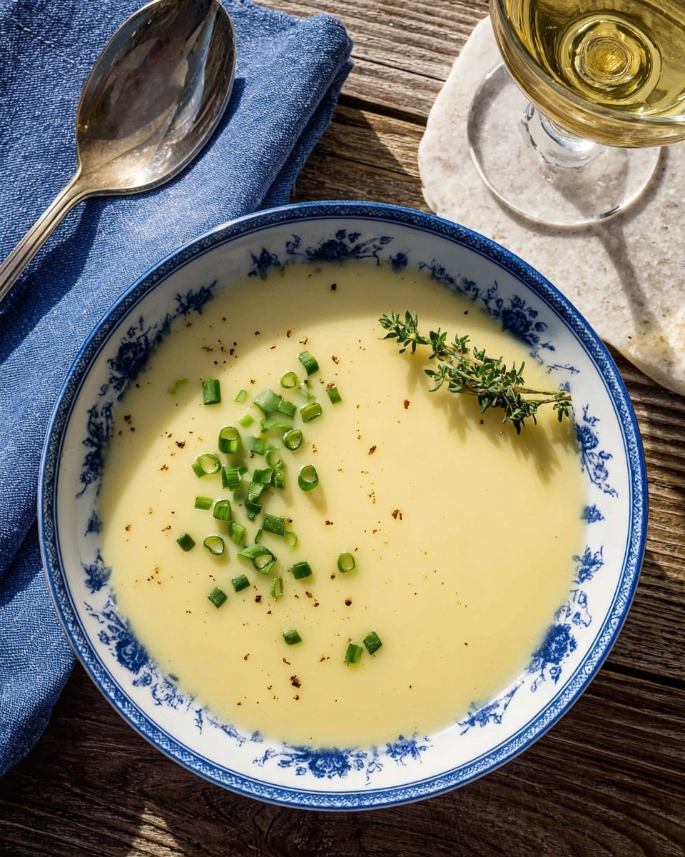 A bowl of creamy light yellow soup fills a white bowl with a blue floral rim. The soup is smooth and thick, topped with small green onion slices scattered on the left side and a whole small green thyme sprig placed on the right. Tiny black pepper specks are sprinkled over the surface. The bowl sits on a wooden table next to a folded blue cloth with a shiny spoon on top and a glass of light golden drink to the upper right. The background is a white marbled texture. Photo taken with an iphone --ar 4:5 --v 7