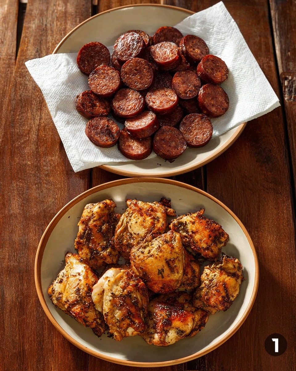The image shows two white plates on a wooden table. The top plate holds many small, round slices of cooked sausage that are dark brown with a crisp texture, placed on a white paper towel. The bottom plate is filled with several pieces of cooked chicken thighs that have a browned, slightly charred surface with visible seasoning. Both plates have a light brown rim. Photo taken with an iphone --ar 4:5 --v 7