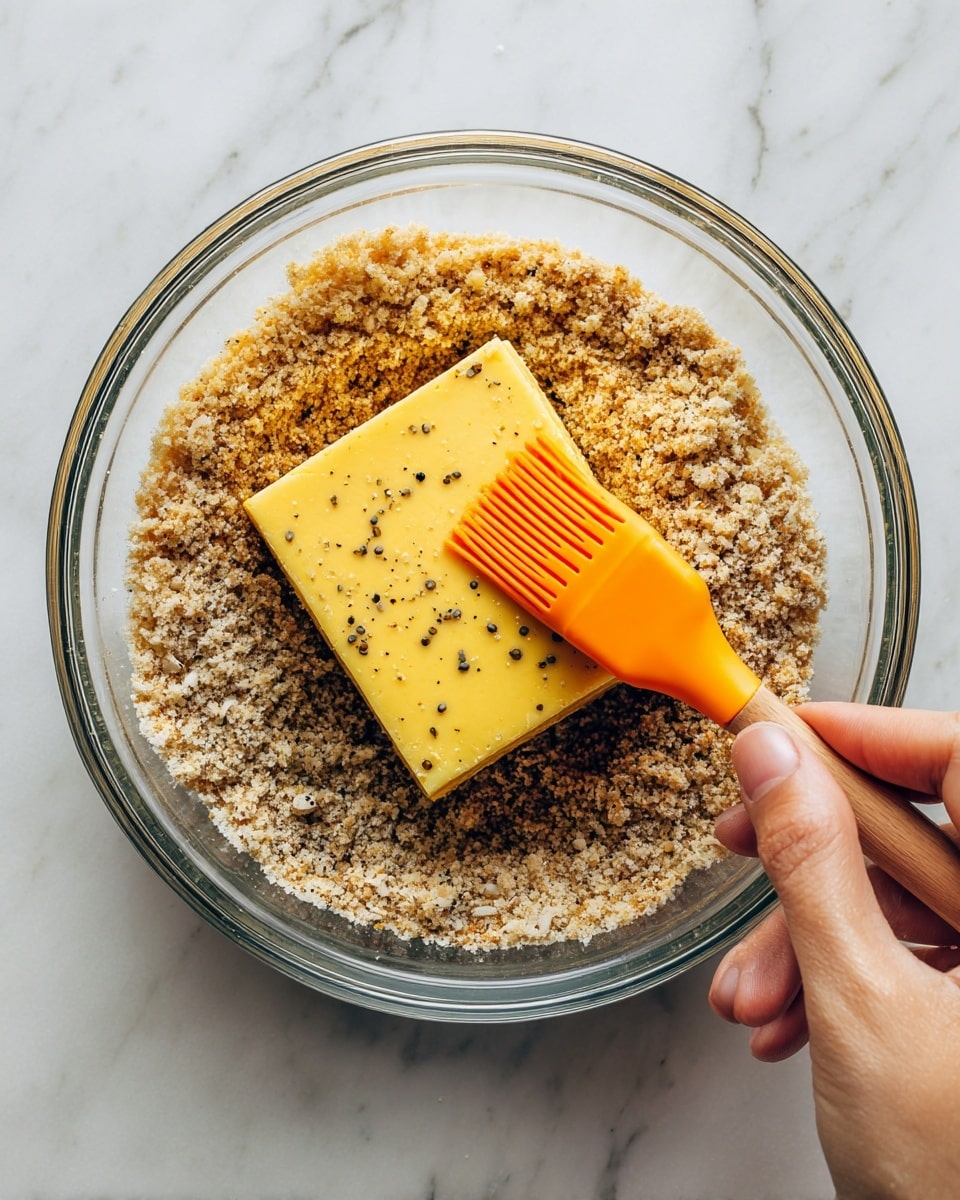 A clear round bowl shows a block of yellow tofu with small black pepper spots, being brushed with an orange silicone brush held by a woman's hand. The tofu block sits on a bed of coarse brown breadcrumbs inside the bowl. The background is a white marbled surface. photo taken with an iphone --ar 4:5 --v 7