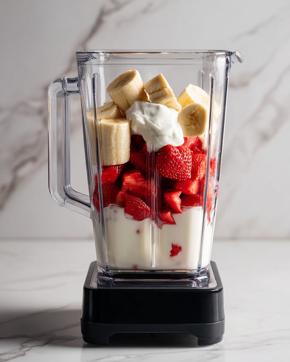 This image shows a clear blender jar placed on a black blender base, filled with layers of ingredients ready to blend. The bottom layer is white liquid, followed by a layer of bright red strawberry pieces. Above the strawberries, there is a dollop of white creamy yogurt, and on top of that are chunks of light brown banana. The background is a clean white marbled texture. photo taken with an iphone --ar 4:5 --v 7