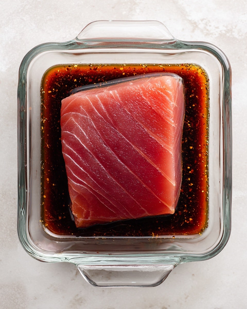 A single raw tuna steak with a deep pink-red color lies flat inside a clear glass square dish, partially covered by a dark brown marinade with a glossy surface, sitting evenly around the fish on a white marbled background. The clear dish has small handles on each side, highlighting the rich color contrast between the tuna and the marinade. The fish's texture shows visible muscle lines and a moist surface that reflects light softly. photo taken with an iphone --ar 4:5 --v 7