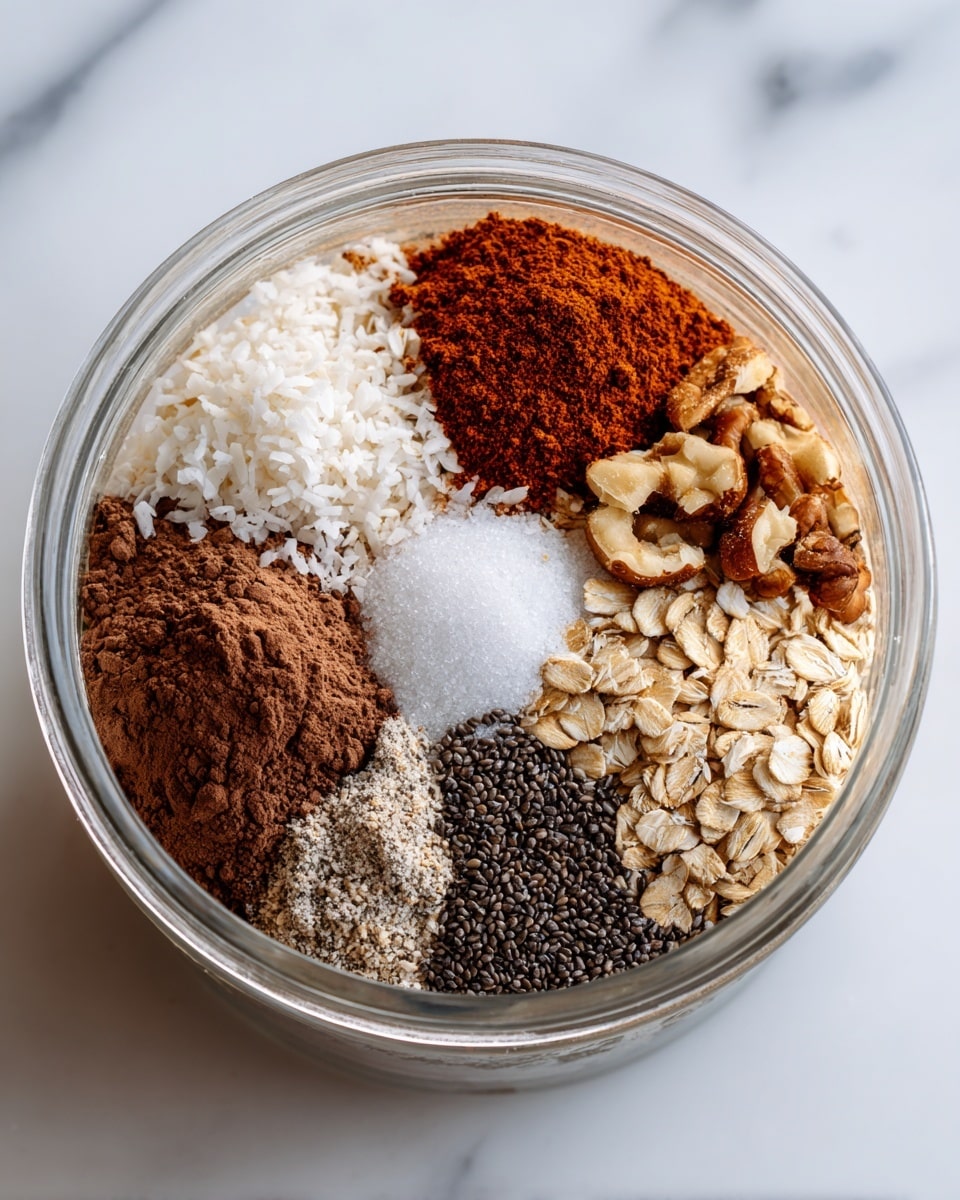 The image shows a clear container filled with multiple layers of dry ingredients, each occupying a different section. Starting from the bottom layer, there is a base of light brown rolled oats. Above that, slightly to one side, there is a small pile of fine white salt. Next, there is a mound of reddish-brown cinnamon powder, a heap of dark brown cocoa powder to the right, and a section with small black chia seeds near the center. To the left of the chia seeds is a pile of fine white shredded coconut, and behind the chia seeds, there are chopped nuts with a light brown, rough texture. The container is resting on a white marbled surface. Photo taken with an iphone --ar 4:5 --v 7