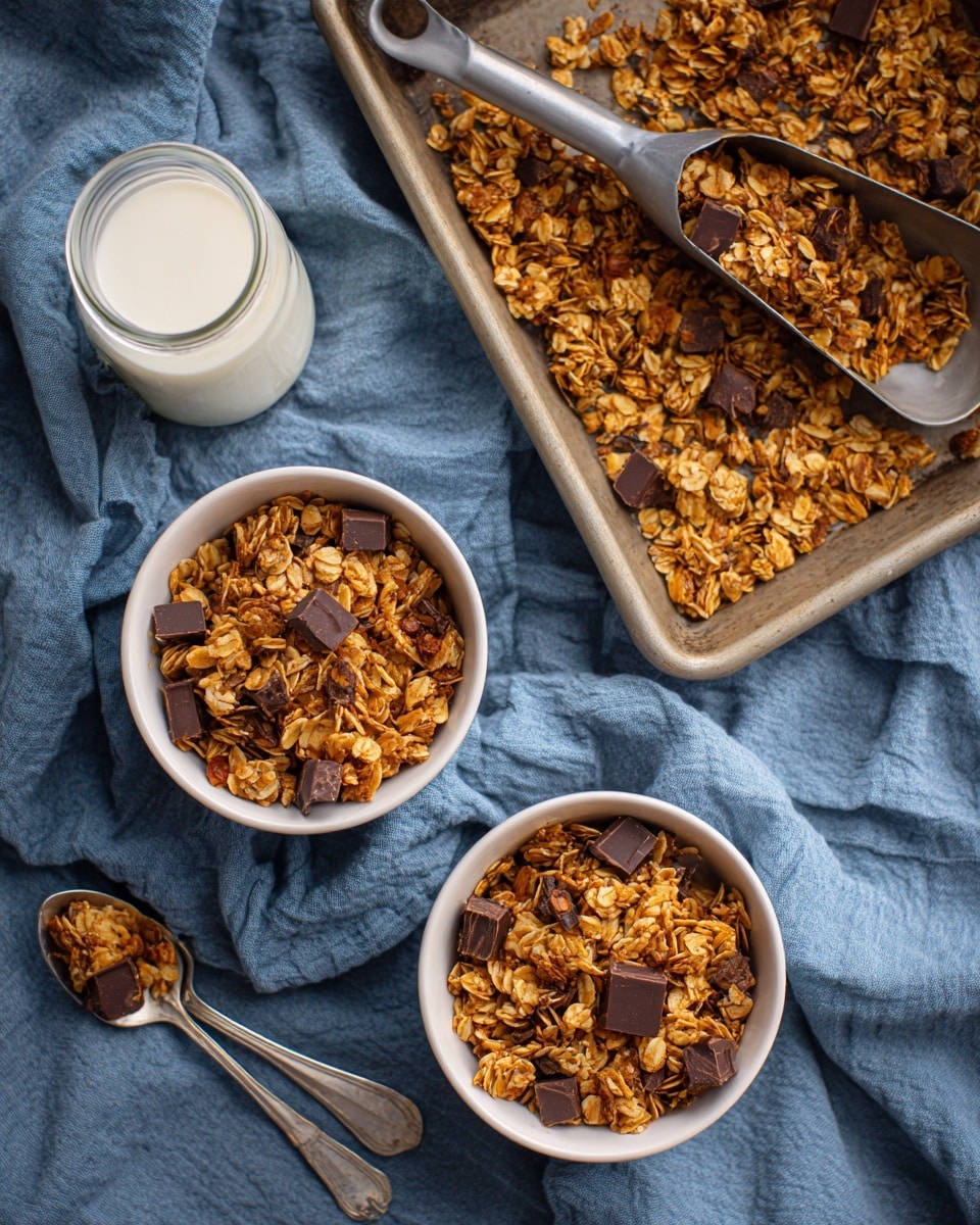 Two white bowls are filled with golden brown granola mixed with dark chocolate chunks. Next to the bowls are two silver spoons, one holding a small amount of granola. Above the bowls, a metal baking tray holds a larger amount of granola spread out unevenly with a metal scoop resting on it. To the left of the bowls, there is a small clear jar filled with white milk. The background is a crumpled blue fabric texture. photo taken with an iphone --ar 4:5 --v 7