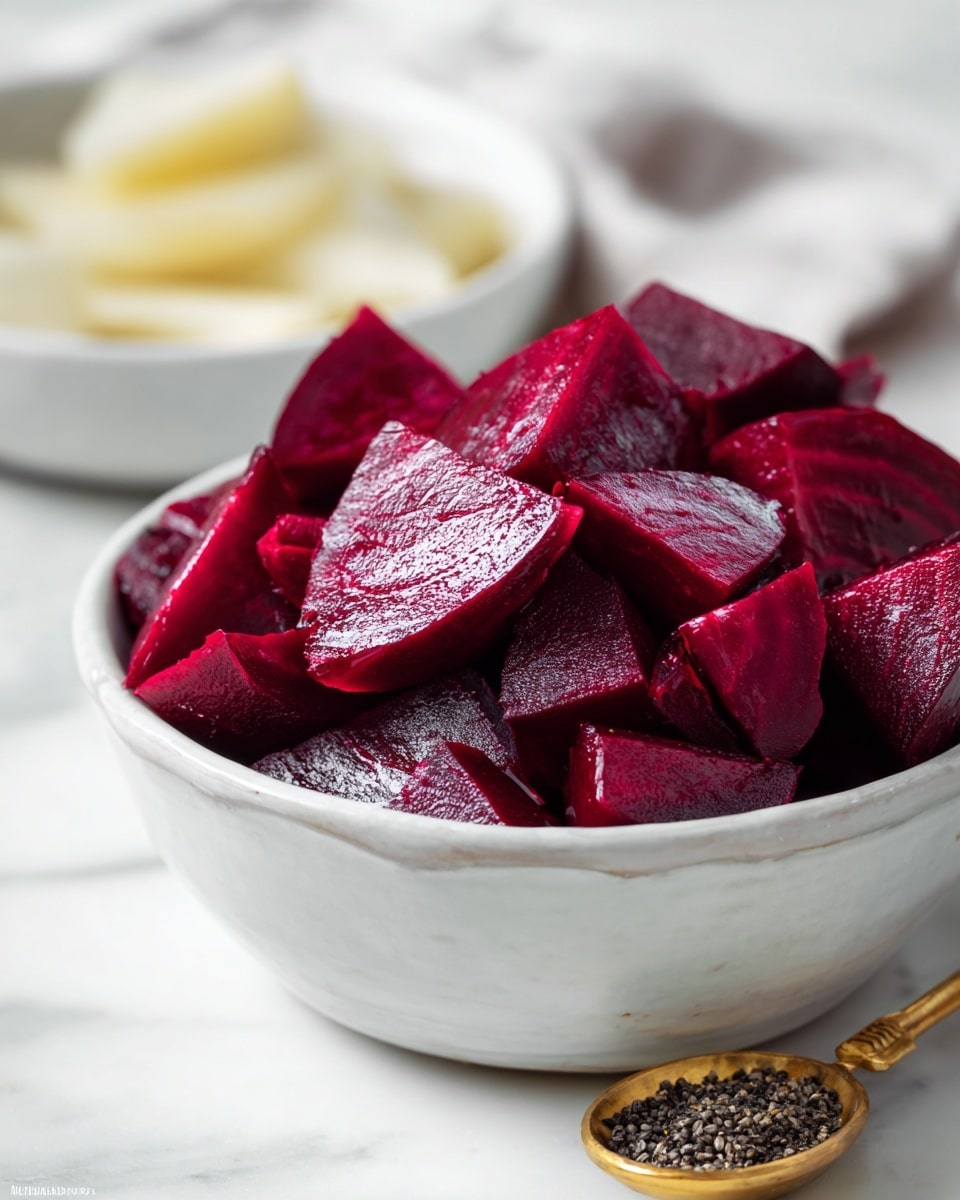 A close-up shows a small white ceramic bowl filled with roughly chopped, deep red beetroot pieces that have a smooth, slightly shiny texture. In the blurry background, there is a white ceramic bowl filled with creamy light-colored slices and a yellow and white measuring spoon holding black seeds or spices, all set on a white marbled surface. The focus is sharp on the beetroot pieces, highlighting their rich color and fresh look photo taken with an iphone --ar 4:5 --v 7