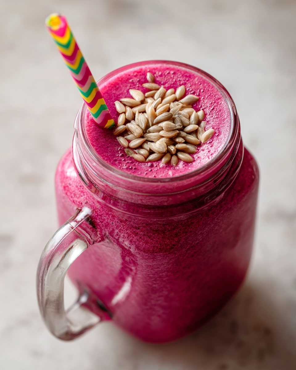 A close-up view of a thick bright magenta smoothie fills a clear glass jar with a handle, topped with a small heap of light brown sunflower seeds. A colorful paper straw with pink, green, and yellow chevron stripes is inserted on the left side. The jar sits on a white marbled surface, with a soft blurred background. photo taken with an iphone --ar 4:5 --v 7