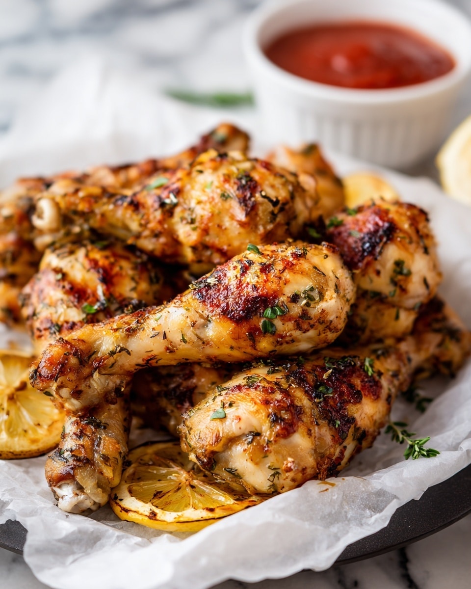A pile of grilled chicken drumsticks with golden-brown, crispy skin covered in small bits of herbs is stacked on white parchment paper on a dark round tray. Thin slices of cooked lemon with a light yellow color and slight charring are placed between the drumsticks. Small green herb bits are sprinkled over the chicken for extra texture. A blurred white bowl with red sauce sits in the background on a white marbled surface. photo taken with an iphone --ar 4:5 --v 7