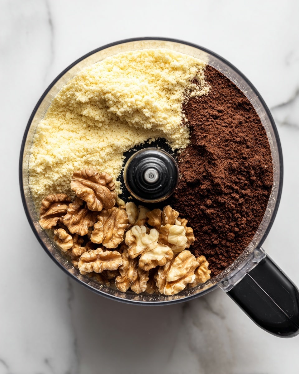 A clear food processor bowl filled with three sections of ingredients arranged side by side: light yellow almond flour on the top left, dark brown cocoa powder on the right, and a cluster of whole shelled walnuts on the bottom left. The food processor handle is black on the right side, and it sits on a white marbled surface. The photo is taken from above, showing a clean and organized arrangement. photo taken with an iphone --ar 4:5 --v 7