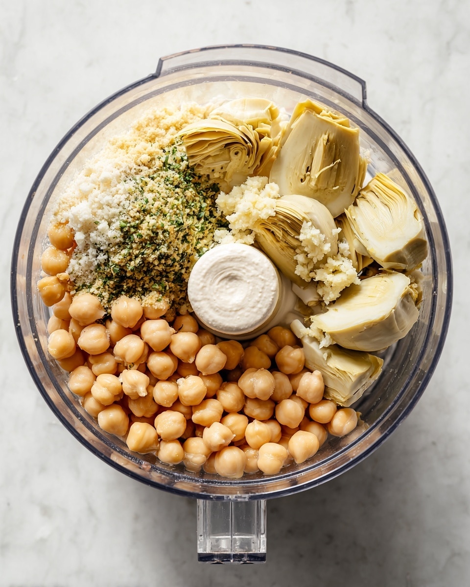 A clear food processor bowl seen from above shows several ingredients inside, arranged in layers. The bottom layer is beige chickpeas scattered around the base. On one side, pale yellow artichoke hearts are placed in pieces, some lying flat and some upright. In the center, a white dollop of tahini sits next to a small heap of finely minced pale garlic and green herbs. The ingredients mix different soft and firm textures with subtle beige and pale green colors inside the clear bowl. The background is a white marbled texture. Photo taken with an iphone --ar 4:5 --v 7