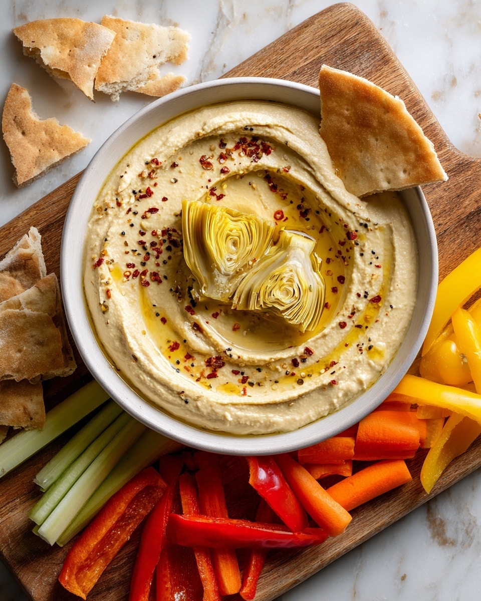 A white bowl filled with creamy beige hummus is centered on a wooden board. The hummus has a swirl pattern with a shallow well in the middle holding two marinated artichoke pieces, light yellow-green in color with a glossy texture. The hummus surface is sprinkled with black pepper and red chili flakes, and there is a drizzle of olive oil adding a shiny golden layer on top. A triangular piece of pita bread is dipped into the hummus on the right side of the bowl. Surrounding the bowl are neatly arranged colorful vegetables including bright orange baby carrots, red and yellow mini bell peppers, and light green celery sticks. Torn pita bread pieces lie on the left side next to the bowl. The background is a white marbled texture. photo taken with an iphone --ar 4:5 --v 7