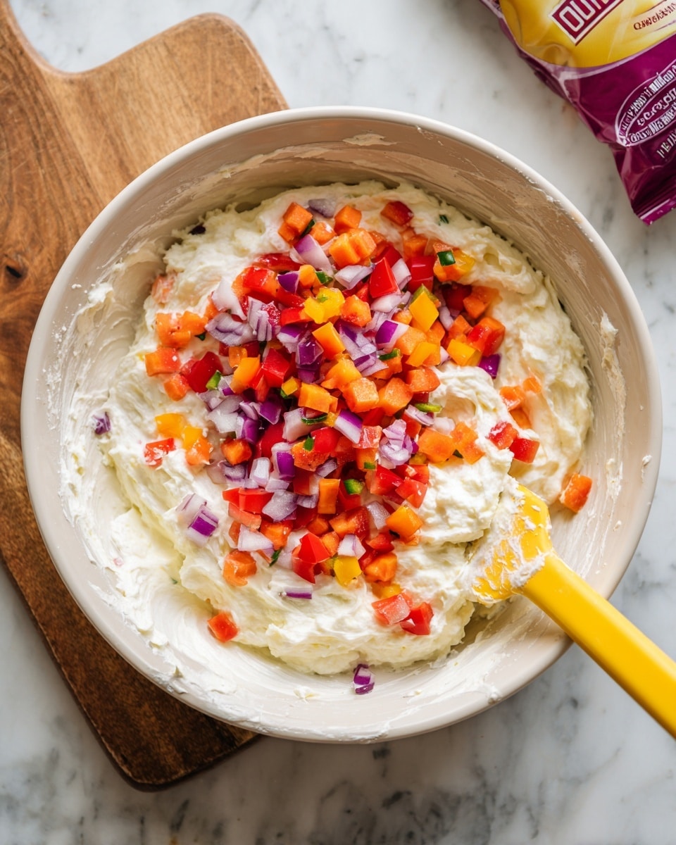 A white bowl filled with a thick white creamy mixture, topped with small diced pieces of bright orange carrots, deep purple onions, red tomatoes, green bell peppers, and yellow bell peppers arranged around the bowl's surface. A bright yellow spatula is partially inside the bowl, holding some of the creamy mixture and pieces of red tomato. The bowl is on a white marbled textured surface with a wooden cutting board partially visible to the left and a bag of chips in the top right corner. photo taken with an iphone --ar 4:5 --v 7