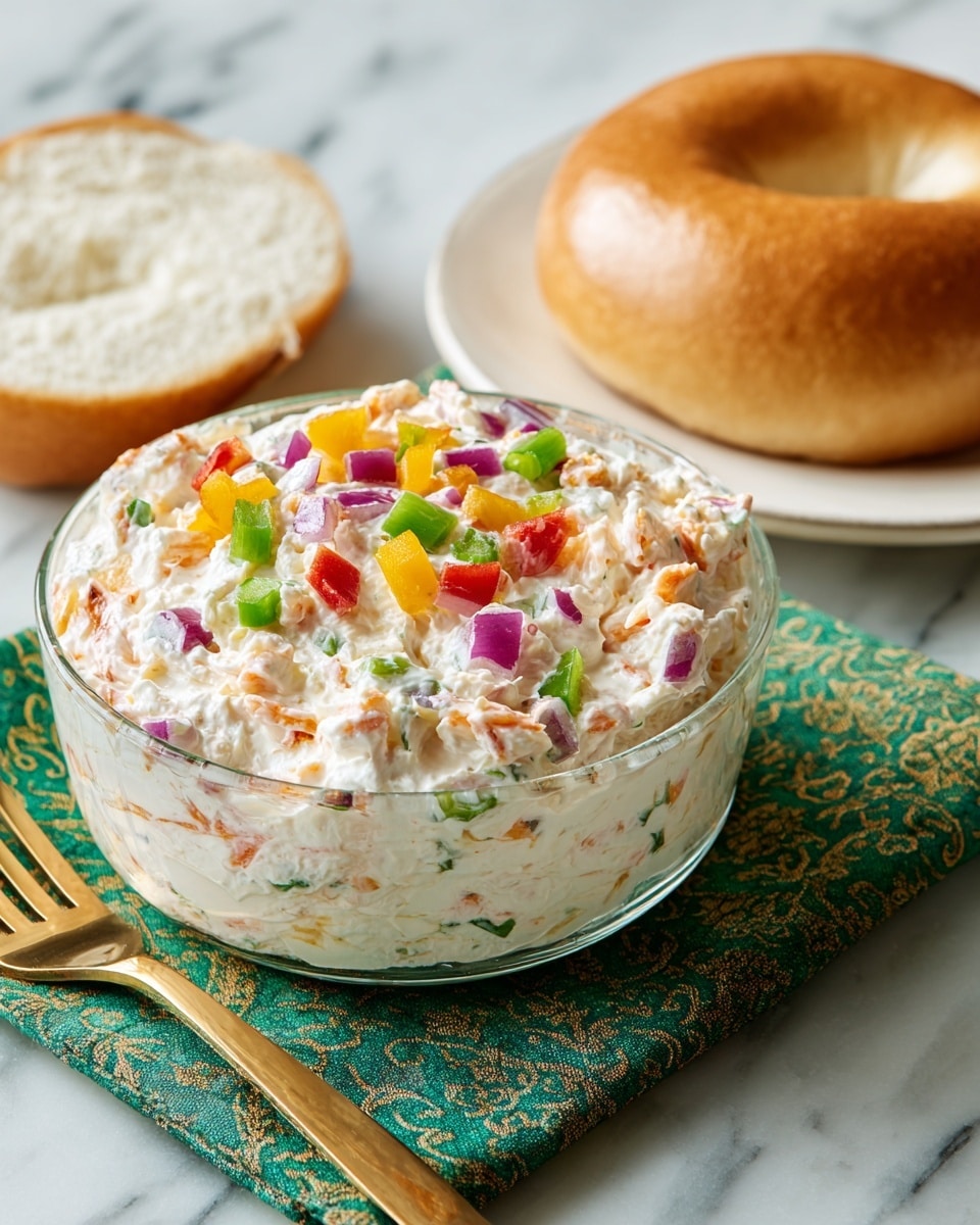 A glass bowl filled with creamy white spread mixed with small pieces of orange and green visible inside, topped with small cubes of green, yellow, and red peppers and bits of purple onion scattered on top, all placed on a green patterned cloth on a white marbled surface. Next to the bowl, a white plate holds an open plain bagel with a soft, light beige inside texture. A bag of plain bagels is partly visible in the background. Photo taken with an iphone --ar 4:5 --v 7
