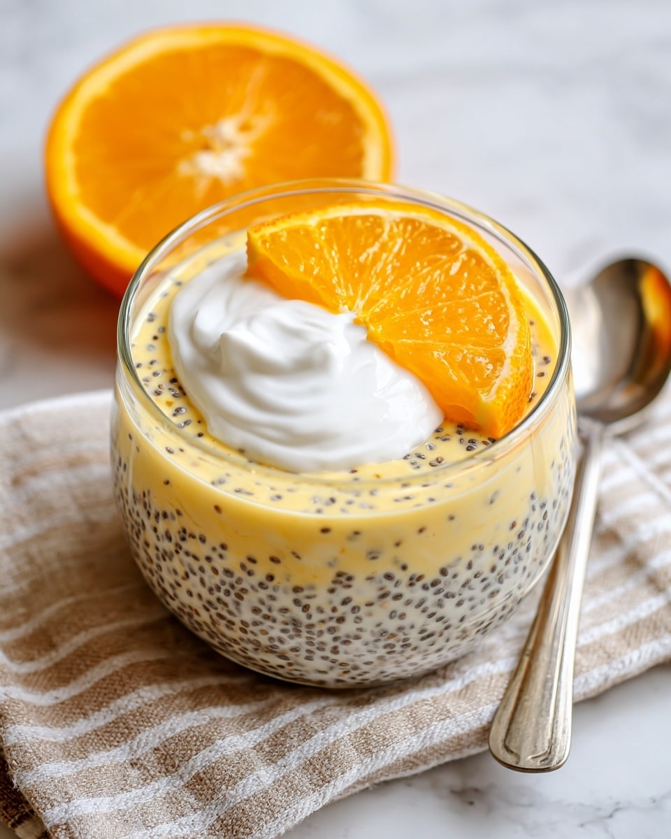 A glass bowl filled with a creamy mixture that is light yellow with small black chia seeds spread throughout. On top of this layer, there is a dollop of white yogurt with a smooth texture, sitting slightly off-center. Resting on the yogurt is a bright orange slice with a juicy texture and visible segments. The bowl is placed on a white marbled surface with a beige and white striped cloth nearby and a half orange fruit positioned above the bowl. The overall scene is bright with soft natural light. photo taken with an iphone --ar 4:5 --v 7