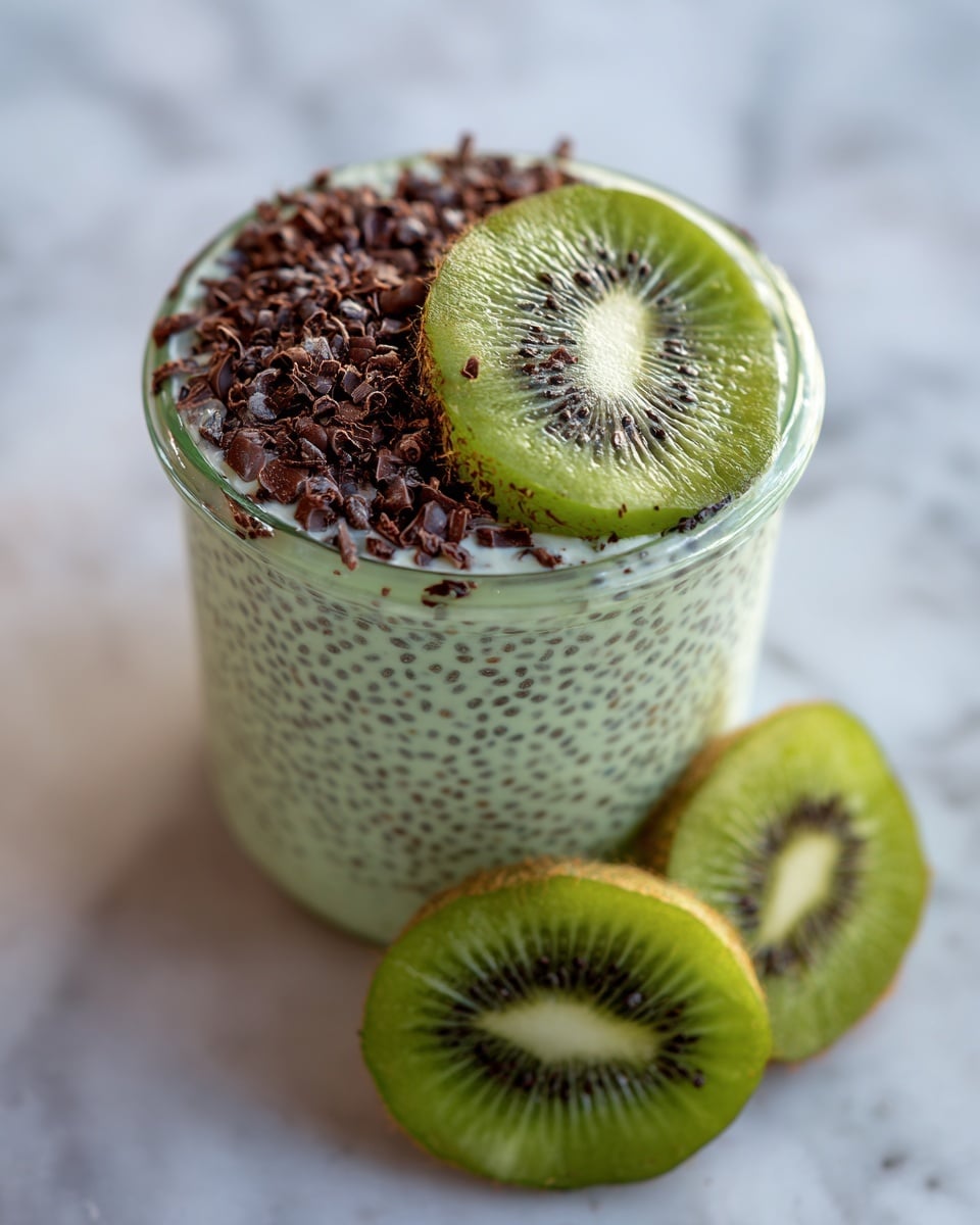 The image shows a clear glass jar filled with a creamy light green pudding mixed with small, round chia seeds, giving the surface a bumpy texture. On top of the pudding, there is a bright green kiwi slice that covers most of the surface, with its small black seeds and pale green center visible. Over the kiwi slice, there is a pile of dark brown chocolate shavings that add a rough texture. Around the jar, two more kiwi slices lie on a white marbled surface, blurred in the background, emphasizing the jar's details. photo taken with an iphone --ar 4:5 --v 7