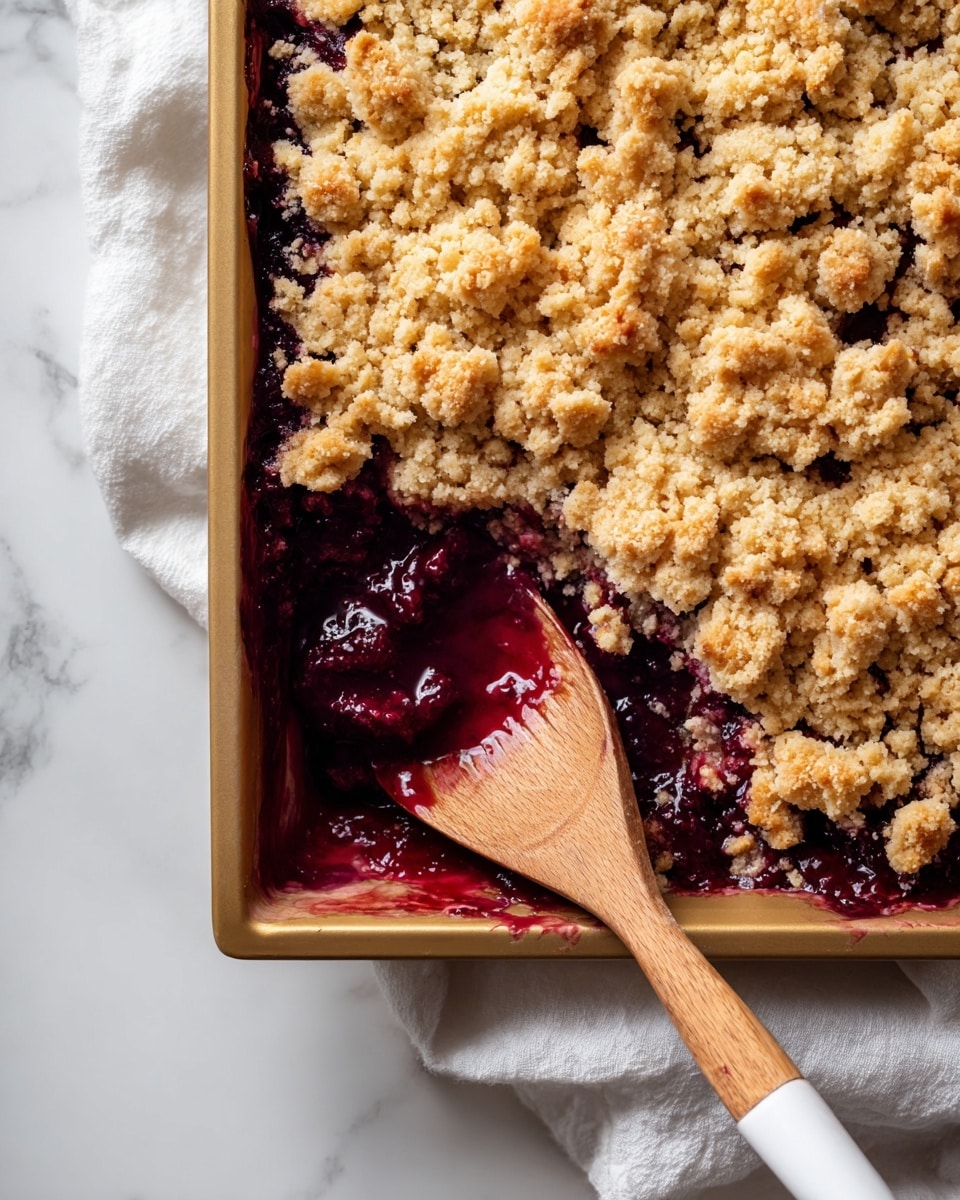 This image shows a close-up of a golden-brown crumbly topping with a rough texture covering a deep purple fruit filling in a light gold baking tray. The fruit layer beneath is thick and looks juicy, mostly visible near the edges and on the wooden spoon scooping some out from the bottom right corner. The spoon has a smooth, wooden surface with a white handle, resting on a white cloth with soft folds. The background is a white marbled texture. photo taken with an iphone --ar 4:5 --v 7