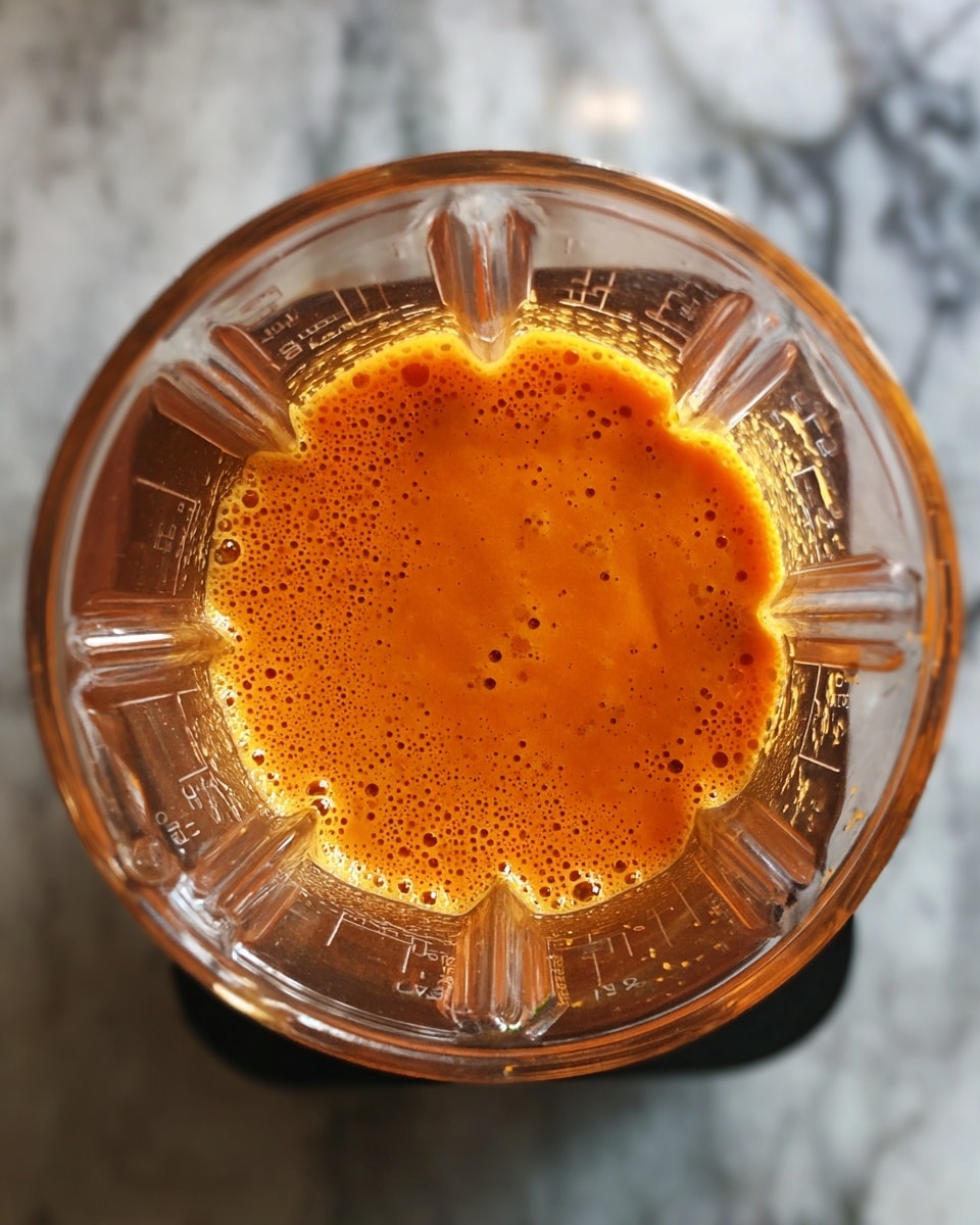 The image shows the inside of a clear blender jar viewed from above, filled with a thick orange liquid that is slightly frothy with small bubbles on the surface. The jar has clear vertical ridges and measurement markings on the sides. It sits on a dark base, and the background surface is changed to a white marbled texture as per instruction. photo taken with an iphone --ar 4:5 --v 7