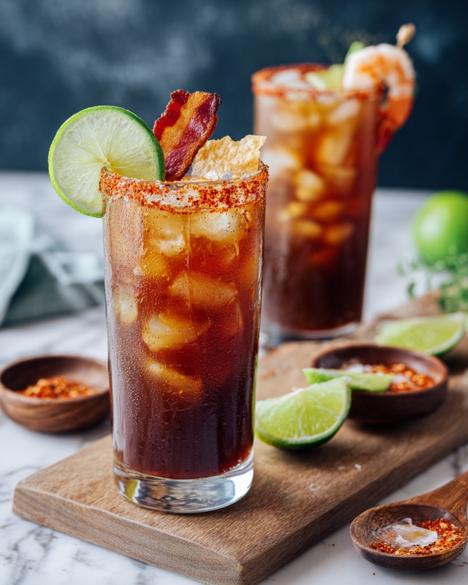 Two tall clear glasses filled with a dark reddish-brown drink layered over ice are placed on a wooden board. Each glass has a rim coated with a reddish spicy powder, with the front glass garnished with a green lime wedge, a strip of crisp bacon, and a light brown crispy chip on top. The second glass in the background has a lime wedge and a small skewer holding a shrimp. To the right on the wooden board, there are two small wooden bowls, one with lime wedges and the other with a reddish spice mixture, along with a wooden spoon. The scene is set against a dark blurred background on a white marbled surface. Photo taken with an iphone --ar 4:5 --v 7