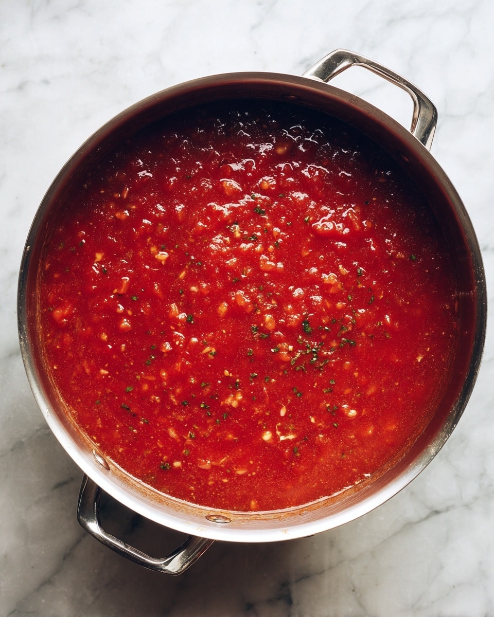 A large silver pot filled with thick, bright red tomato sauce simmering with small pieces of ingredients like tomatoes and herbs visible throughout; the sauce has a slightly bubbly texture on the surface and a rich, smooth consistency inside the pot. The pot rests on a white marbled surface, and the metal handles are visible on opposite sides. photo taken with an iphone --ar 4:5 --v 7