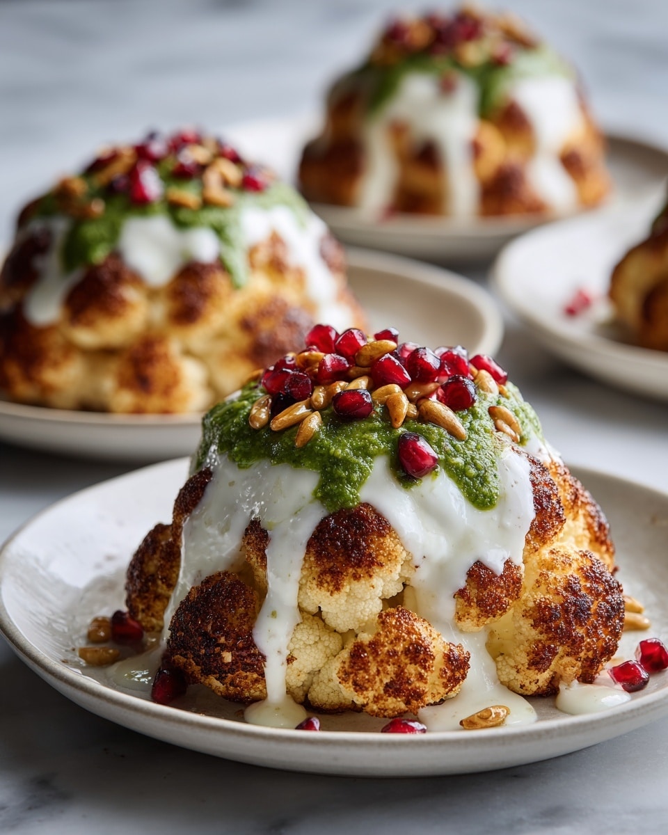 The dish shows several whole roasted cauliflower heads placed on white plates, lined up in a row on a white marbled surface. Each cauliflower is a deep golden-brown color with crispy, textured edges. The first layer features a thick white sauce poured over the cauliflower, dripping down the sides. On top of that, there is a bright green sauce spread in patches, creating a contrast with the white sauce and the dark cauliflower. Scattered across the green sauce are shiny red pomegranate seeds and toasted pine nuts, adding color and texture on the top. The background shows the same arrangement repeated with similar cauliflower heads, giving a sense of depth. photo taken with an iphone --ar 4:5 --v 7