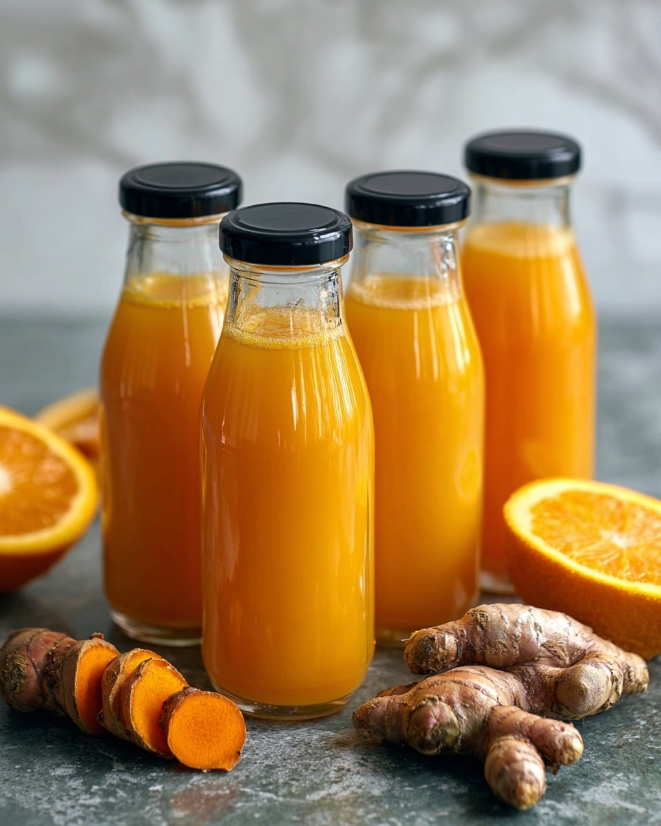 Four small clear glass bottles filled with bright orange liquid, each topped with black screw caps, stand close together on a dark grey stone surface. Around the bottles, fresh turmeric roots with rough brown skin and sliced orange halves add a natural touch. The background is a soft white marbled texture, giving a clean and fresh look. photo taken with an iphone --ar 4:5 --v 7