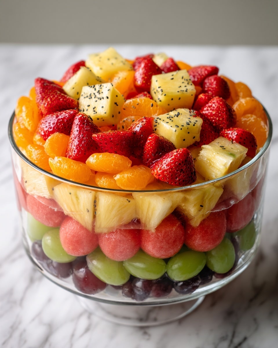 A clear glass bowl filled with a colorful mix of fruit pieces, showing five main layers: pale yellow pineapple cubes, red strawberry halves, bright orange mandarin slices, small round watermelon balls in pink, and green and purple grapes, all dotted with tiny black seeds sprinkled across the top, sitting on a white marbled surface photo taken with an iphone --ar 4:5 --v 7