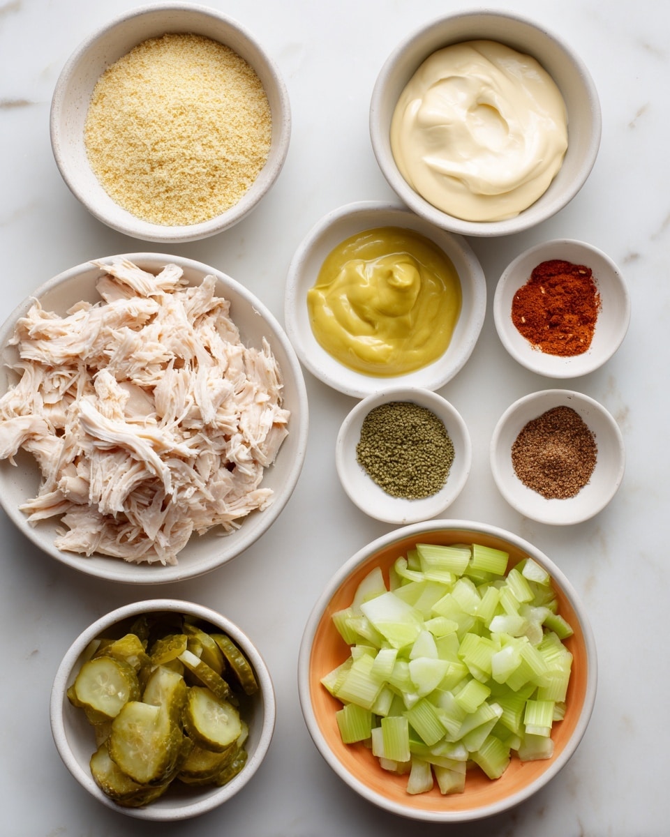 A top view of several white bowls laid on a white marbled surface, each with different ingredients. The bottom left bowl holds shredded cooked chicken with a pale pinkish-white color. Above it are small bowls containing light yellow oats, bright yellow mustard, and smooth white mayonnaise. To the right, a white bowl with a bright orange rim is filled with chopped pale green celery. Below it is a bowl with diced pickles showing a mix of light and darker green pieces. The top right has a small white bowl divided into four sections with different spices: brown, red, green, and another brownish spice. All items are neatly arranged in a clean and bright setting. photo taken with an iphone --ar 4:5 --v 7