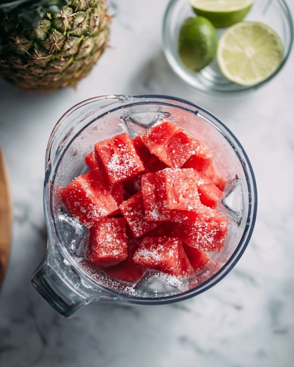 The image shows a clear blender container on a white marbled surface. Inside the blender, there are uneven chunks of red watermelon with white sugar sprinkled on top. To the upper right side of the blender, there is a glass bowl with a lime cut in half sitting on its edge. Part of a pineapple is visible on the upper left corner of the image. The scene is bright and fresh. photo taken with an iphone --ar 4:5 --v 7