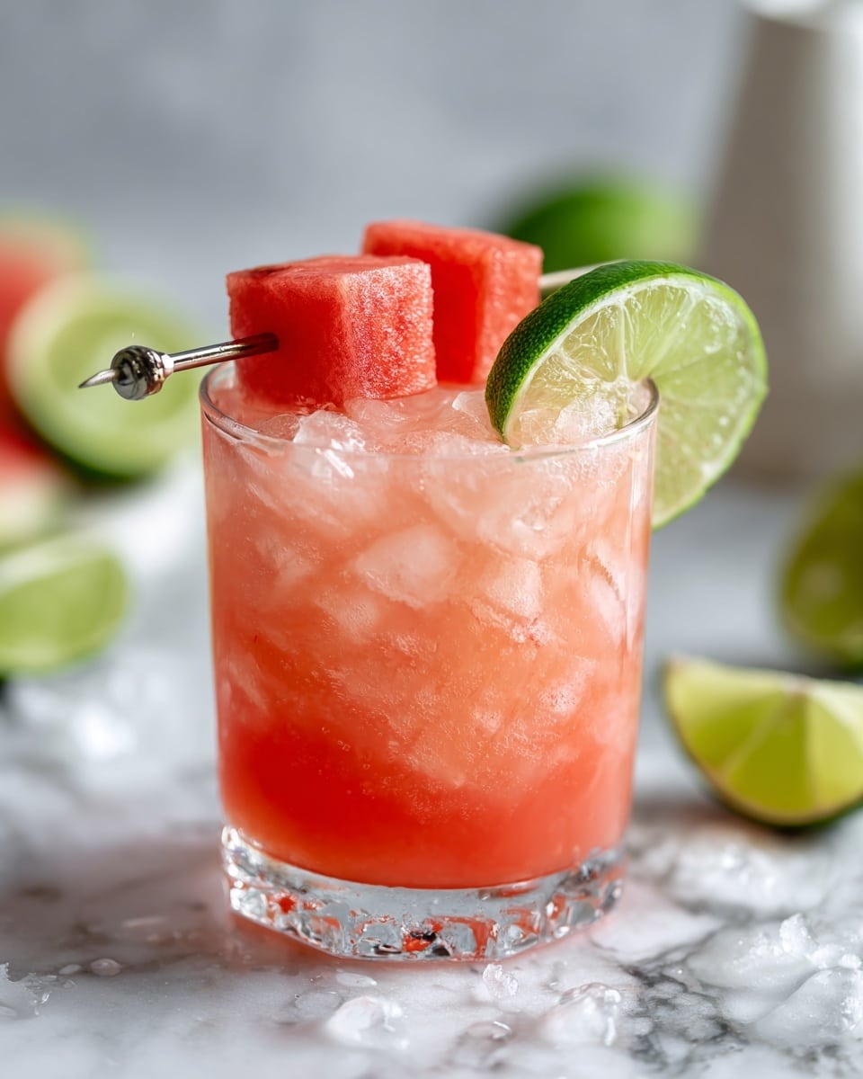 A clear glass filled with light pink watermelon juice and ice cubes, showing a fresh cold texture. On top of the glass rests a metal skewer holding a large bright red watermelon cube and a fresh green lime slice, both adding bright color contrast. The glass is set on a white marbled surface, with blurred lime wedges and a white container in the background. The overall feel is refreshing and summery. photo taken with an iphone --ar 4:5 --v 7