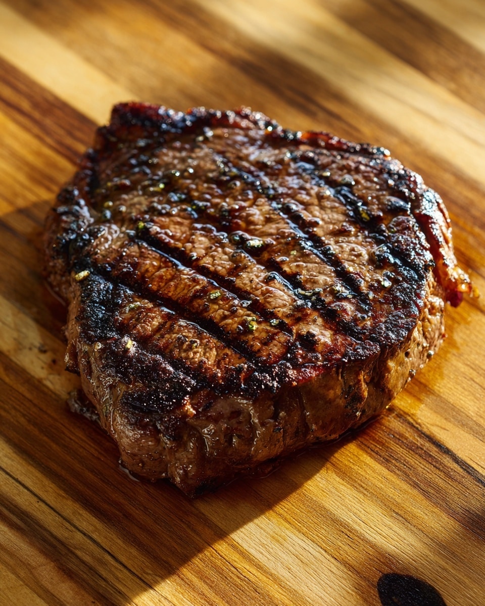 A close-up view of a cooked steak resting on a wooden cutting board with visible grain patterns and a small dark spot near the top right; the steak shows a dark brown seared crust with visible grill marks running vertically across the center, a slightly charred edge on the right, and glistening juices on the surface that highlight the seasoning and texture of the meat, all under soft natural light casting a shadow below the steak photo taken with an iphone --ar 4:5 --v 7
