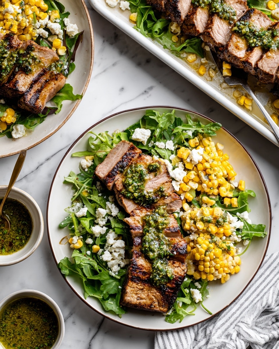 A white plate with a thin dark rim holds a fresh salad with three slices of cooked meat placed in the center. Under the meat is a bed of bright green leafy greens. The meat is topped with small pieces of yellow grilled corn and a sprinkle of crumbled white cheese. On top of the meat and salad is a drizzle of green herb sauce with visible bits of parsley and chili flakes. Nearby, a white baking tray with dark edges holds more slices of the same cooked meat arranged in a line on a bed of greens, along with scattered grilled corn. A small white bowl of the same green herb sauce is placed on the white marbled surface, alongside a white and gray striped cloth. Photo taken with an iphone --ar 4:5 --v 7