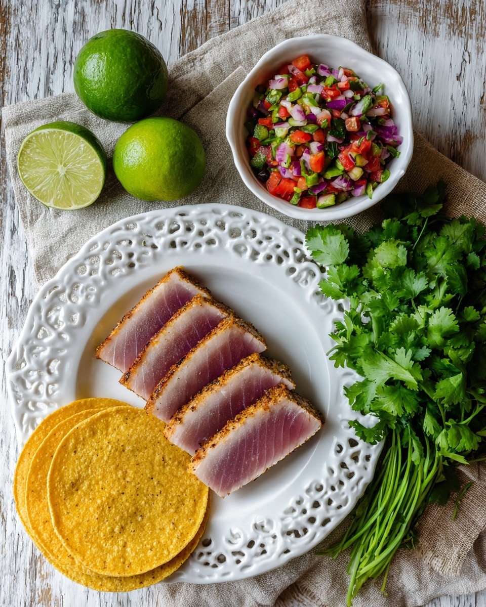 The image shows a white lace-edged plate with four thick slices of seared tuna arranged side by side in the center. To the right of the plate, there is a bunch of fresh green cilantro with bright leaves and stems. Below the cilantro are four round yellow corn tortillas stacked slightly overlapping. Above the plate is a small white bowl filled with a colorful salsa made of diced red tomatoes, purple onions, and green cilantro. On the left side of the plate, there are two whole green limes, one cut in half to reveal the juicy inside. Everything is placed on a rustic fabric and a white marbled surface in the background. Photo taken with an iphone --ar 4:5 --v 7