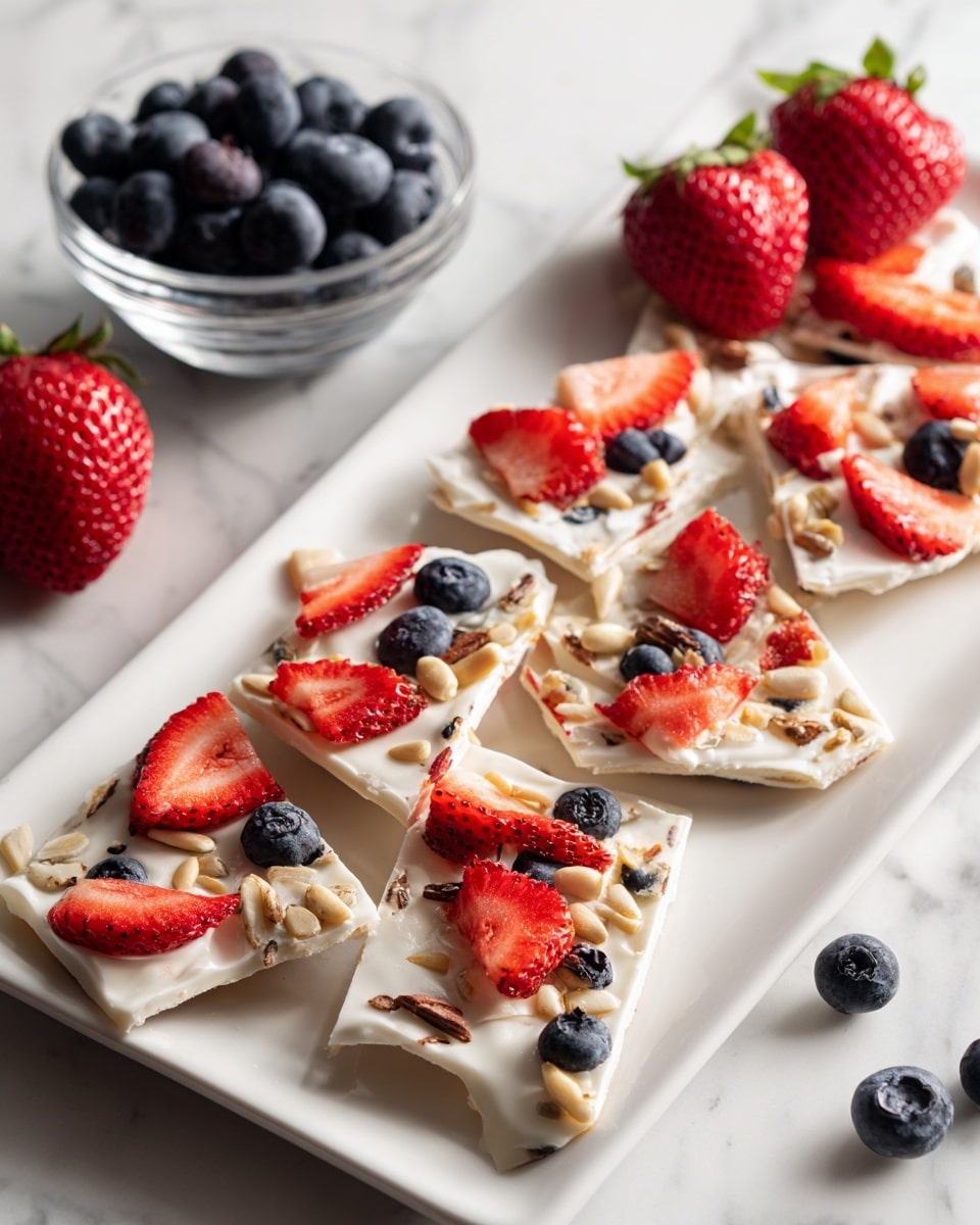 A white rectangular plate holds seven pieces of white frozen yogurt bark, each topped with bright red sliced strawberries, dark blue whole blueberries, and a mix of light brown sliced nuts and sunflower seeds scattered across the surface. The bark pieces are broken unevenly, giving a rough edge texture. In the background on a white marbled surface, a small clear glass bowl contains three whole strawberries, and another similar bowl holds a generous amount of blueberries. The overall scene is bright with soft natural light, highlighting the fresh fruit and textured toppings. photo taken with an iphone --ar 4:5 --v 7