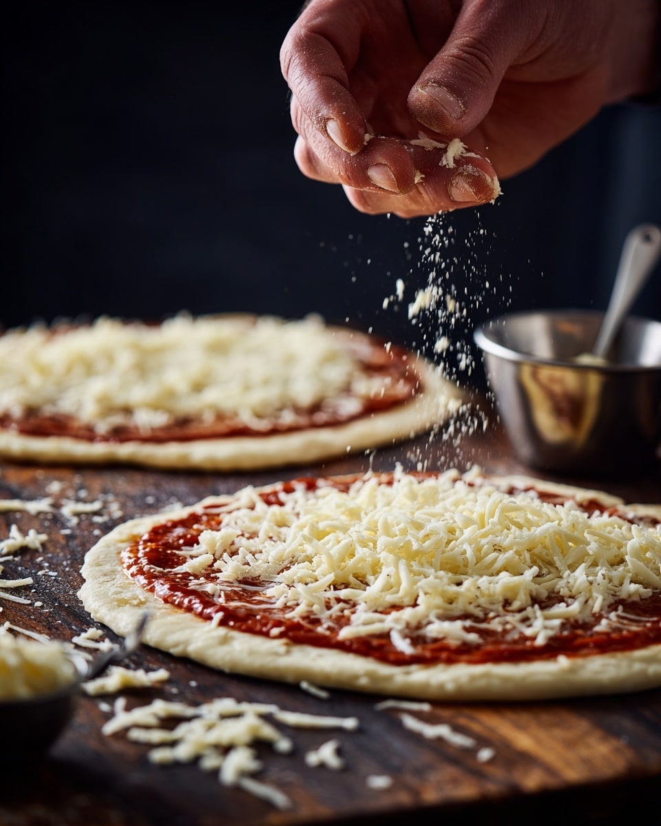 A close-up view of two uncooked pizzas laid flat on a dark wooden surface with scattered bits of shredded cheese around. Each pizza has one thin dough layer with a smooth, bright red tomato sauce evenly spread on top, followed by a generous layer of white shredded cheese covering almost the entire surface. A man's well-lit hand is in the top left area, sprinkling more shredded cheese over the nearest pizza, with cheese pieces visibly falling from his fingers. In the background, there is a small metal measuring cup with some sauce and a spoon inside, slightly out of focus on the wooden surface, which contrasts with the black backdrop behind it. photo taken with an iphone --ar 4:5 --v 7