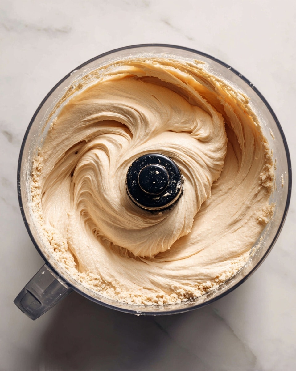 The image shows creamy light beige dough being mixed inside a clear food processor bowl with a black center. The dough looks smooth and thick, with soft swirls and a slightly shiny surface from the blending motion. Small bits of flour or powdered ingredient cling to the sides of the bowl, which is set on a white marbled surface. The scene is brightly lit, focusing closely on the contents inside the bowl, showing the texture and movement of the mixture. Photo taken with an iphone --ar 4:5 --v 7
