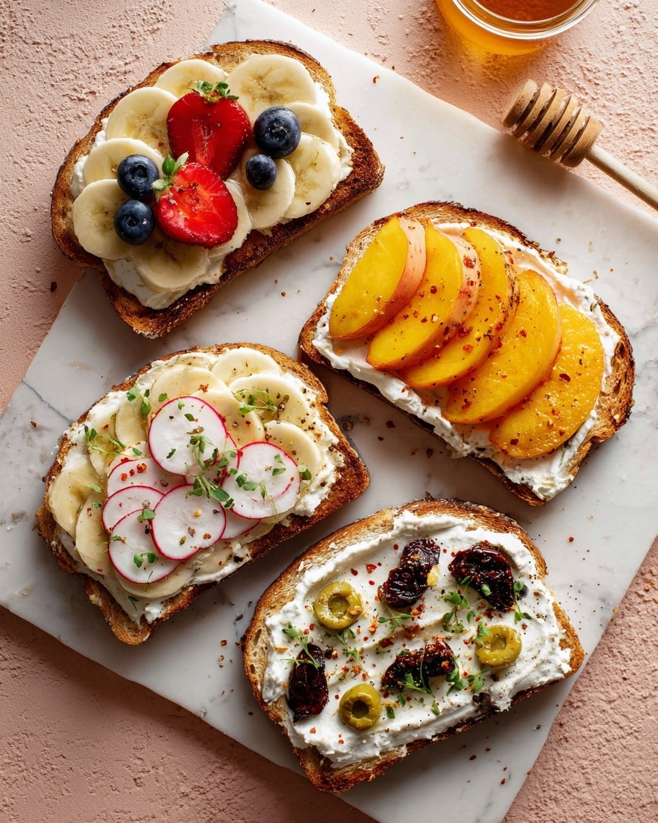 The image shows four slices of toasted bread on a white marbled surface, each with different colorful toppings arranged in layers. The first toast has a crispy brown base with a layer of white cream cheese, topped with curved slices of pale banana, whole blueberries, and two halved strawberries placed in the center. The second toast features the same white cream cheese spread, with bright orange peach slices layered evenly, and small green herb sprigs scattered on top. The third toast is covered with a thick layer of white cream cheese with thin, round radish slices arranged uniformly, sprinkled with red pepper flakes for a spicy look. The fourth toast has a white creamy layer under thin slices of pale yellow cheese, scattered dark red sun-dried tomato pieces, green olives sliced, and a dash of black pepper on top. All toasts are closely placed on a soft pink tiled background with a small cup of honey with a wooden dipper on the side. Photo taken with an iphone --ar 4:5 --v 7