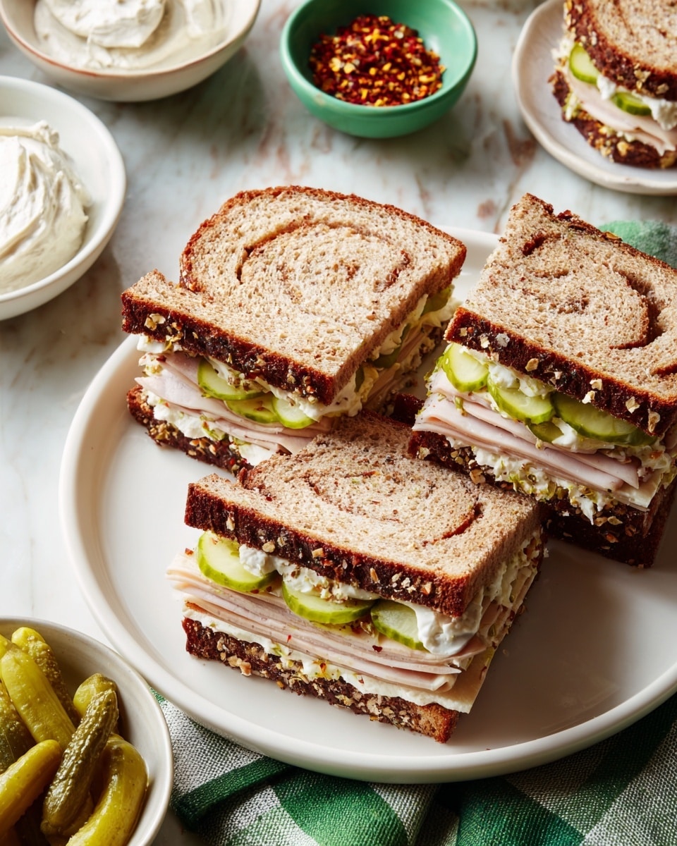 The image shows a white plate with four small sandwiches made with dark and light swirled bread. Each sandwich has visible layers of light-colored soft cheese spread, slices of pale meat, and thin green pickle slices. The sandwiches are stacked neatly in the middle of the plate on a white marbled surface. Around the plate, there are bowls containing white spread, small green pickles, and a bowl with red spice flakes on a green and white striped cloth. Photo taken with an iphone --ar 4:5 --v 7