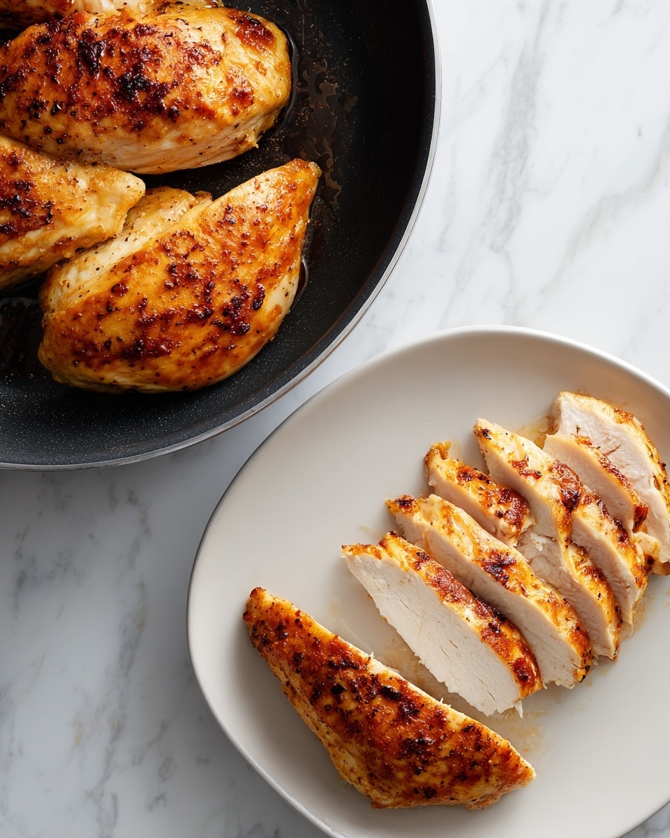 The image shows two stages of cooked chicken on a white marbled surface. On the left, two whole chicken pieces with a golden brown color and a slightly crispy texture rest in a black pan, showing some oil and cooked spots. On the right, the same chicken pieces are placed on a clean white plate, sliced evenly into thin strips revealing the tender white inside and crispy brown outside, laid neatly in two groups, side by side. The scene is bright, showing clear detail of the texture on both the cooked skin and inner meat. photo taken with an iphone --ar 4:5 --v 7