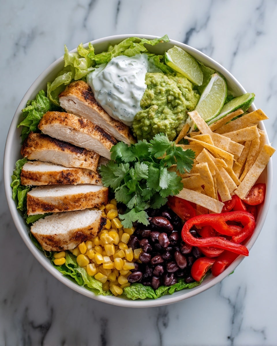 A white bowl filled with layers of fresh green lettuce at the base, topped with four golden brown grilled chicken slices arranged in the center. Surrounding the chicken are layers of black beans mixed with yellow corn, bright red cherry tomatoes, sliced black olives, and thin pale tortilla strips. A dollop of white sour cream and a scoop of green guacamole sit near the top, with a small bunch of fresh cilantro leaves placed on the guacamole. There are also lime wedges on one side and thin red bell pepper slices on the opposite side. The bowl sits on a white marbled surface. photo taken with an iphone --ar 4:5 --v 7