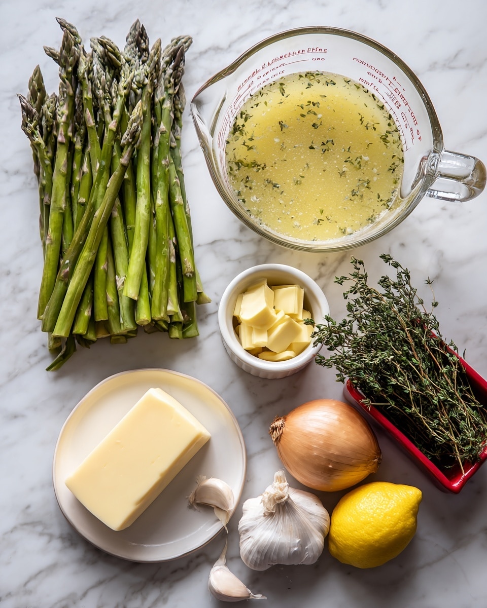 The image shows fresh green asparagus standing upright in a clear glass bowl on the left side. Next to it, there is a clear measuring cup filled with a light yellow-green liquid with herbs floating on top, placed on a white marbled surface. On the right side, there are two yellowish-brown onions and a bunch of green thyme sprigs in a red container with white inside. In the foreground, a white plate holds one long pale yellow block of cheese and a small white ramekin filled with yellow butter slices. A whole bright yellow lemon and three garlic cloves are also present on the white marbled surface nearby. photo taken with an iphone --ar 4:5 --v 7