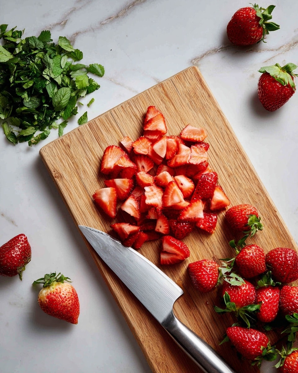 The image shows a wooden cutting board on a white marbled surface, with fresh strawberries on it. On the left side, there is a small pile of green strawberry leaves. In the middle, many red strawberries are sliced into thin pieces, showing the soft inside and bright red skin. On the right side, a row of whole strawberries with green tops lies next to a shiny silver knife with a wide blade. The arrangement is neat and clean, focusing on the fresh strawberries and the cutting process photo taken with an iphone --ar 4:5 --v 7