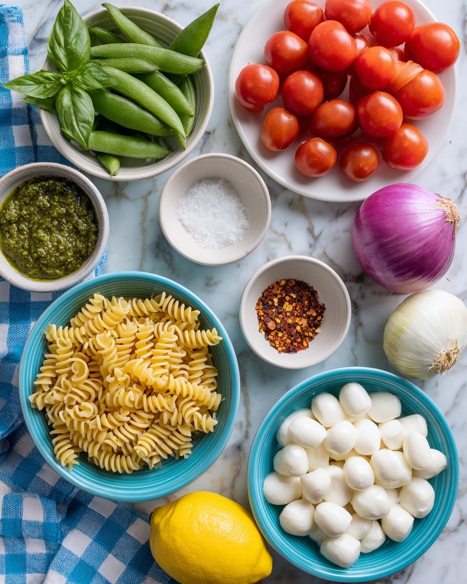 The image shows a white marbled surface with various ingredients arranged neatly. In the center bottom, there is a blue bowl filled with uncooked spiral pasta. To the right of the bowl, there is a white plate with bright red cherry tomatoes piled on top. Below the plate, a yellow lemon and a small white dish with some salt are placed side by side. Next to the lemon, on the far right, there is a white bowl filled with small white mozzarella balls soaking in liquid. Above the mozzarella, half of a purple onion is visible, and next to it, a small white bowl containing red chili flakes. In the top center, there is a white dish with green pesto sauce. On the left side, from top to bottom, you can see fresh green sugar snap peas in a blue bowl, fresh basil leaves in another blue bowl, and a whole green zucchini. The background under all the dishes is a blue and white checkered cloth. photo taken with an iphone --ar 4:5 --v 7