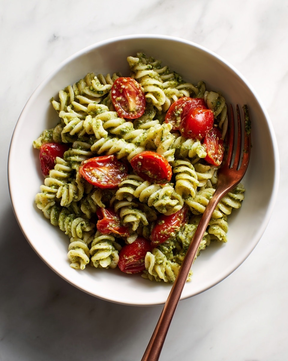 A white bowl holds one layer of spiral pasta mixed with green pesto sauce, giving a slightly oily and textured look to the noodles. Scattered on top are pieces of bright red cherry tomatoes, some cut in half showing juicy interiors. A copper fork rests inside the bowl, partly buried in the pasta. The bowl sits on a smooth white marbled surface. Photo taken with an iphone --ar 4:5 --v 7