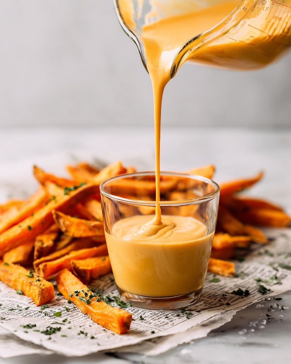 A clear glass cup sits in the center with creamy light orange sauce being poured into it from a clear measuring cup above. Around the cup, there are many orange sweet potato fries scattered on top of a newspaper with small green herb pieces sprinkled across. The background features a smooth white marbled surface. The sauce is smooth and thick with a rich texture. photo taken with an iphone --ar 4:5 --v 7
