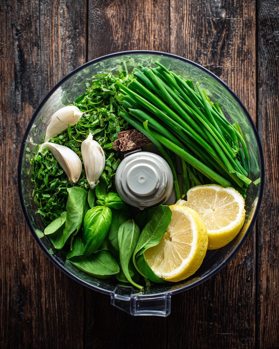 A clear food processor bowl is filled with fresh green herbs and ingredients. The bottom layer shows bright green basil leaves with a smooth texture, topped by long green onion stalks lying across the bowl. On top of these, there are two pale cloves of garlic and a small piece of brown anchovy close to the center, next to the white blade cap. Lastly, two halves of a yellow lemon with visible seeds are placed on the right side. The food processor sits on a dark wooden surface. photo taken with an iphone --ar 4:5 --v 7