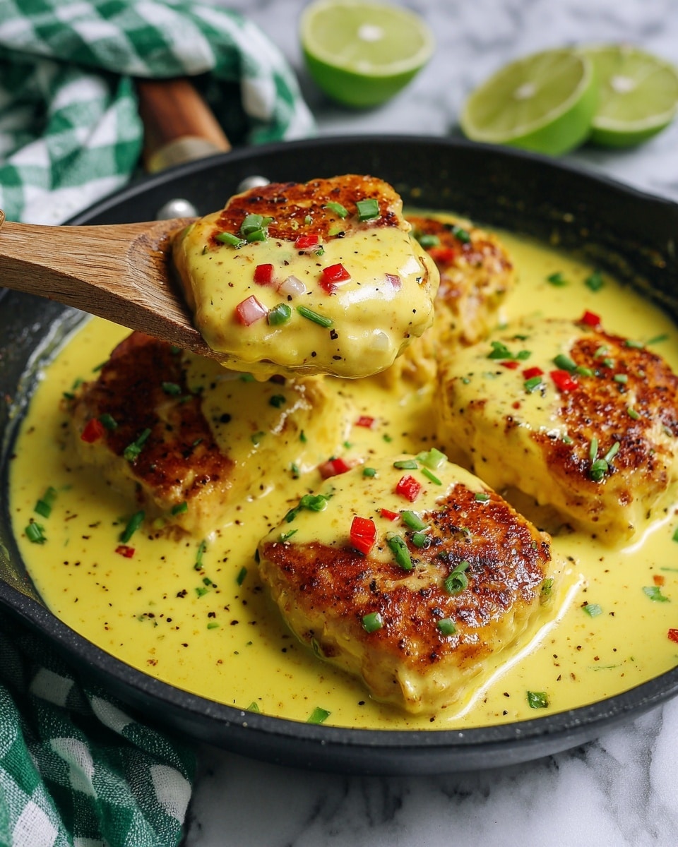 A close-up shows a black skillet filled with three pieces of light brown cooked chicken topped with a thick, creamy yellow sauce. The sauce has small orange and red bits and is sprinkled with fresh green herb leaves, scattered evenly on top. The skillet rests on a white marbled surface with a wooden spoon and halved limes nearby, adding a fresh contrast. The overall look is warm and appetizing, with a smooth texture and fresh garnishes. photo taken with an iphone --ar 4:5 --v 7
