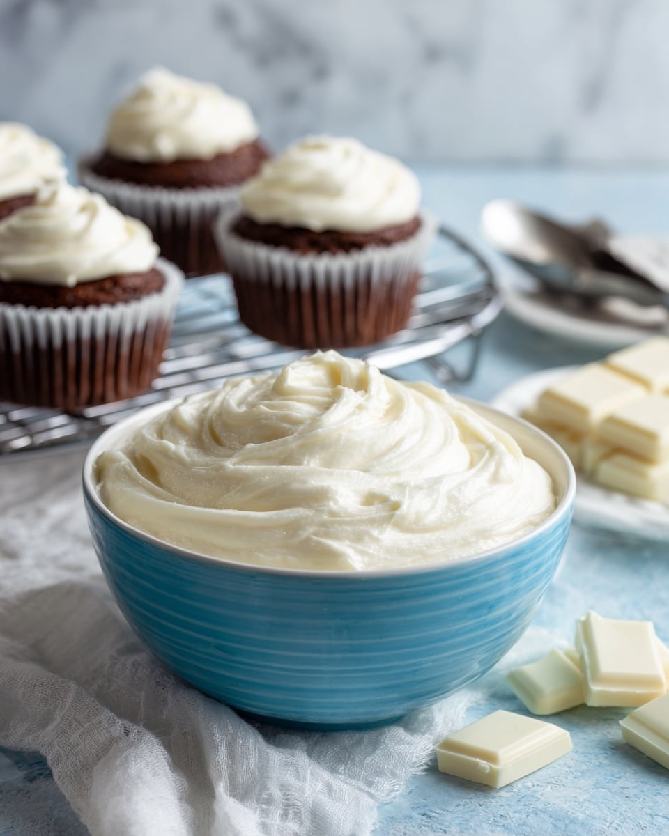 The image shows a close-up of a blue bowl filled with smooth, creamy white frosting that has soft, swirling textures on its surface. Behind the bowl, there are six chocolate cupcakes in white paper liners arranged on a metal cooling rack. The background consists of a white marbled texture with a white cloth underneath the bowl. To the right of the bowl, there are pieces of white chocolate and a metal cupcake decorating tip. A spoon with a scoop of the creamy white frosting rests next to the bowl. Photo taken with an iphone --ar 4:5 --v 7