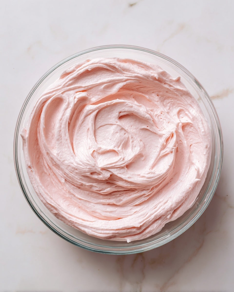 The image shows a clear glass bowl filled with a smooth, light pink creamy mixture that has visible swirls and soft peaks on the surface, showing a fluffy texture. The bowl is placed on a white marbled surface, adding a clean and bright background to the scene. The mixture fills the bowl nearly to the top, with the soft folds of the cream creating gentle shadows and highlights for depth. photo taken with an iphone --ar 4:5 --v 7