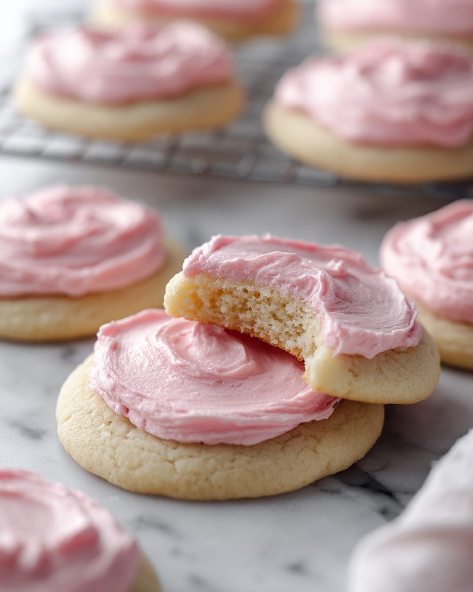 The image shows several soft, round cookies with a light golden color, each topped with a thick layer of creamy pink frosting spread evenly on the top surface. One cookie is slightly raised above another, revealing a soft and crumbly inside with a bite taken out of it. The cookies rest on a white marbled surface and some are placed on a cooling rack in the background. The frosting has a smooth texture with small swirls, and the overall look is fresh and homemade. Photo taken with an iphone --ar 4:5 --v 7