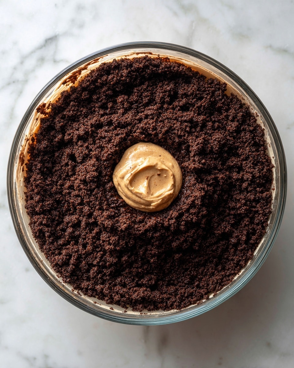 A clear glass bowl filled with a thick layer of dark brown, crumbly chocolate mixture with a rough texture, evenly spread across the surface. On top in the center, there is a small dollop of light brown, creamy substance smooth in texture. The bowl is placed on a white marbled surface. photo taken with an iphone --ar 4:5 --v 7