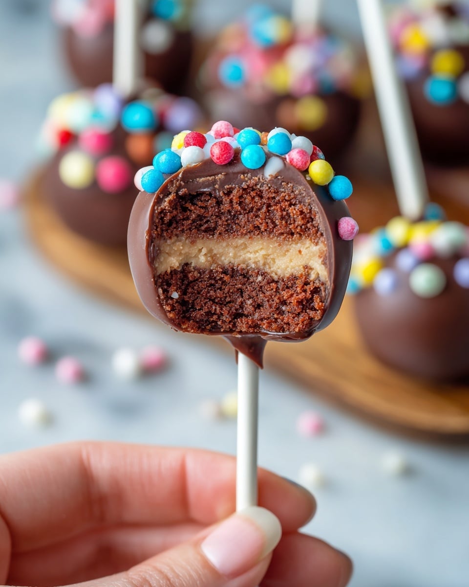 A close-up of a chocolate cake pop held by a woman's hand over a white marbled surface. The cake pop has three layers: a dark brown, moist chocolate cake layer on the outside, a lighter brown creamy filling in the center, all covered by a smooth, thick dark chocolate coating. The top is decorated with small, round, colorful candy sprinkles in red, pink, yellow, blue, white, and orange. The white stick is thin and held at the bottom by a woman's fingers. The background shows a soft blur of more cake pops on a wooden tray. photo taken with an iphone --ar 4:5 --v 7